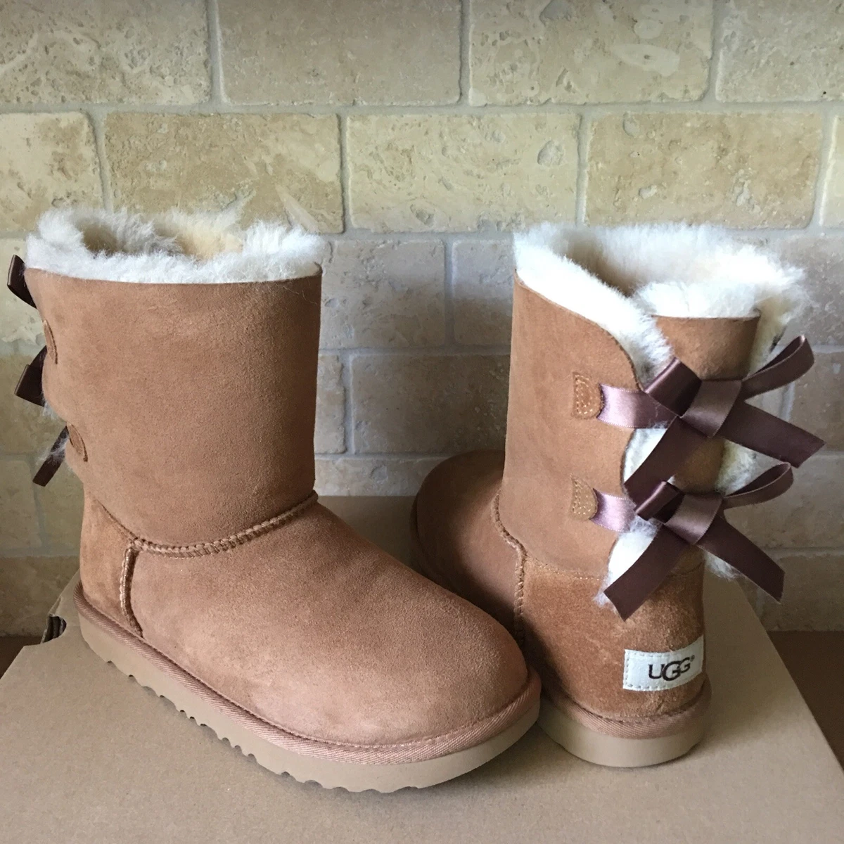 UGG Bailey Bow II Chestnut Suede Fur Short Boots Youth Kid Girl 3