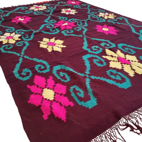 Vintage Moroccan Fringe Rug Maroon Teal Floral Handmade Brown Carpet - Picture 7 of 24