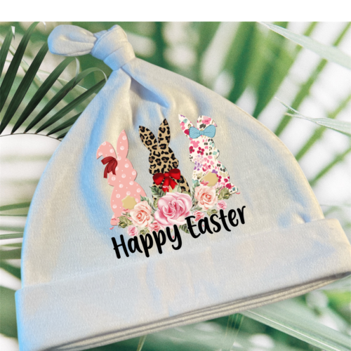 Happy Easter | Baby Beanie Knot Cap Hat | One Size White