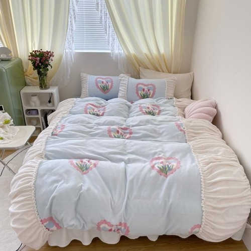 Fleece Warm Winter 4Pcs Bedding Set Floral Ruffled Chic Patchwork Cover Bedskirt - Picture 14 of 16