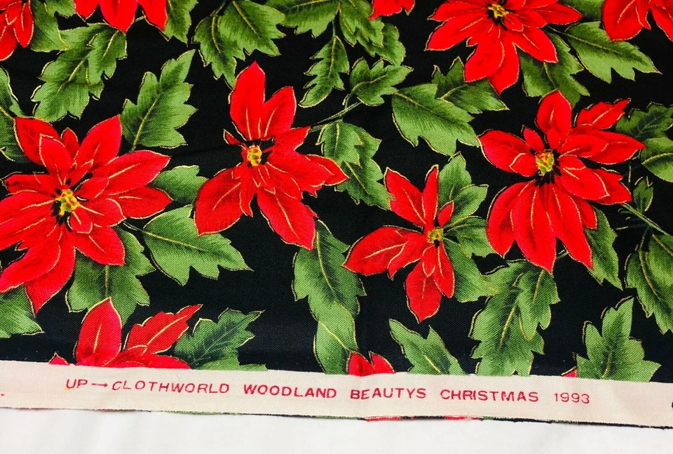 Clothworld Woodland Beautys Navidad 1993 Poinsettias on Black 1,75 yardas Foto 4 de 4