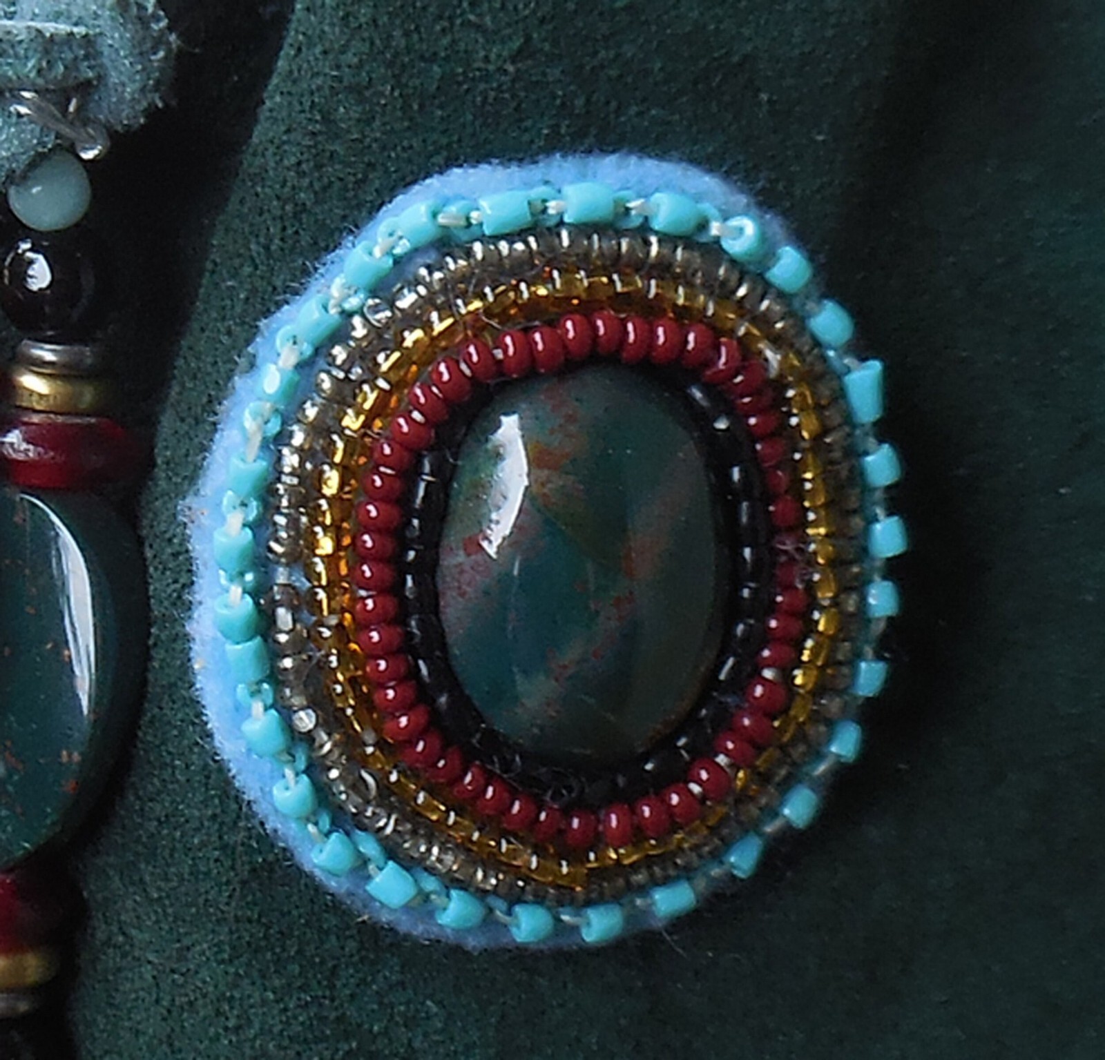 Bloodstone Jade Green Suede Leather Beaded Drawstring Bag Pouch Four Directions