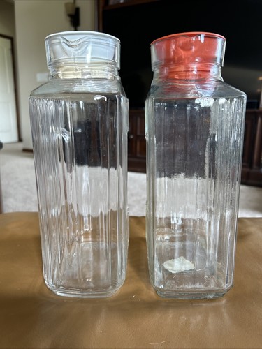 2 Vintage Anchor Hocking 2 Quart Ribbed Glass Refrigerator Juice Bottles USA