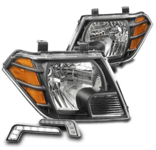 For 09-18 Frontier Pickup Halogen Black Headlight Headlamp Lamp +Bumper LED DRL