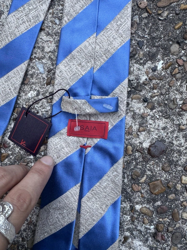 Gravata ISAIA Napoli bege e azul listrada de seda autêntica nova com etiquetas Itália - Imagem 4 de 4