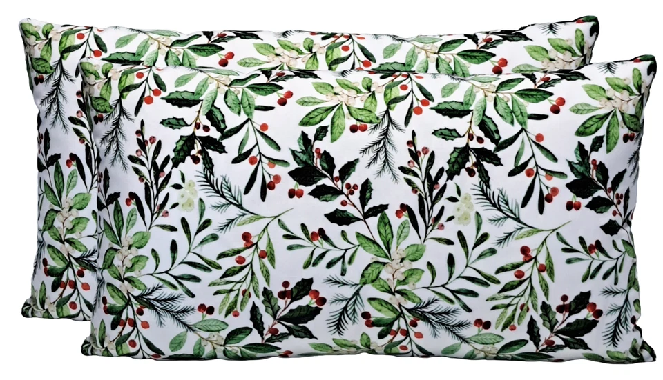 Mistletoe and Holly Holiday Floral 12x20  Throw Pillow Cover White Green & Red - Image 2 of 4