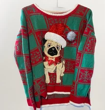 33 Degrees Size Large Santa Pug With Jingle Bells Green Red Christmas Sweater