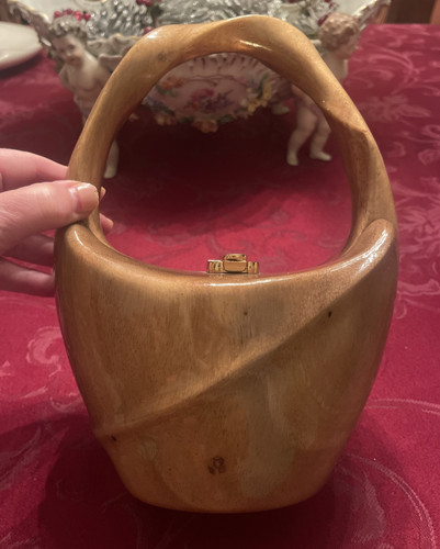 TIMMY WOODS of BEVERLY HILLS SIGNED Carved ACACIA Wood Basket Style Handbag EVC - Picture 1 of 11
