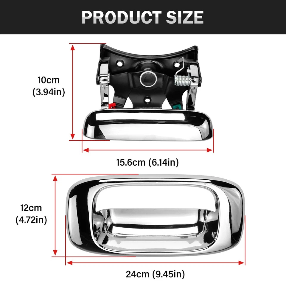 Juego de bloqueo de manija y bisel de puerta trasera cromados para Chevy Silverado GMC Sierra 1999-2007 Foto 4 de 4