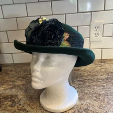 Vintage Gitano Accessories Green Derby Hat With Lace And Flower, Retro 1993
