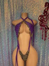 exotic dancewear outfit leopard sling rhinestone thong one piece