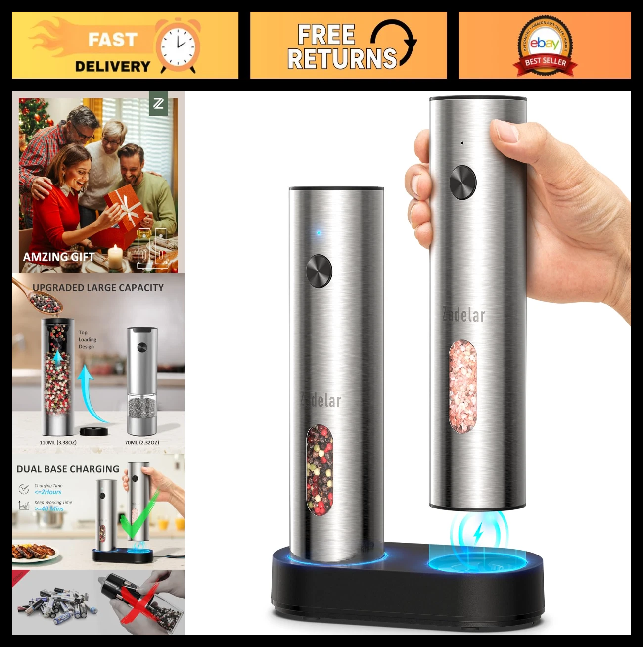 Electric Salt and Pepper Grinder Set - Rechargeable Stainless Steel Shakers, USB