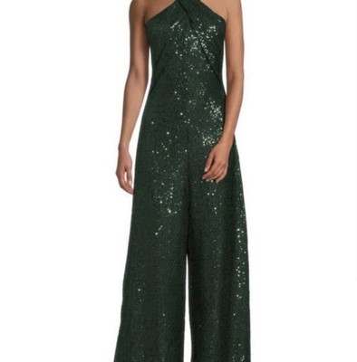 NWT Rachel Roy Women s Sequin Halter Neck Jumpsuit Green, Size Small