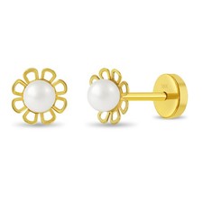 18k Gold Freshwater Cultured Pearl Flower Baby / Kids Earrings Safety Push Back
