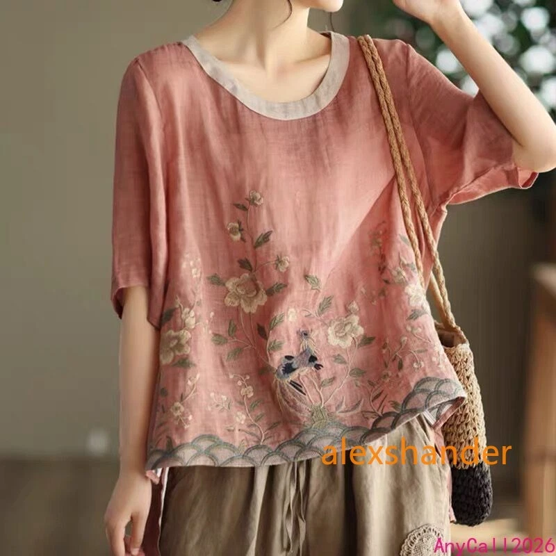 Chinese Style Women Retro Cotton Linen Shirt Floral Embroidery Round Neck Blouse
