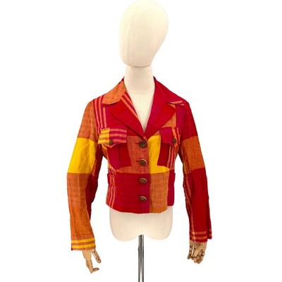 Vintage 90s Christian Lacroix Red Yellow Plaid 100% Linen Crop Jacket