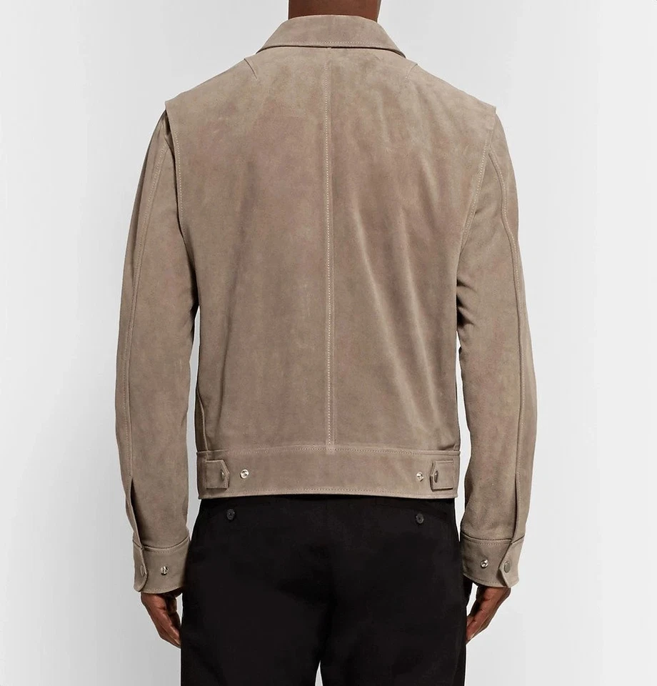 Mens Gray Pure Suede Leather Jacket Slim Fit Trucker Jacket Custom Size S M L XL - Image 2 of 4
