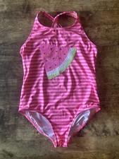 Lands End Girls One-Piece Swimsuit With Changing Sequin Design Watermelon/Melon