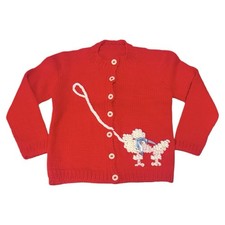 Vintage 1950's Girls Sweater Cardigan POODLE Red Handmade