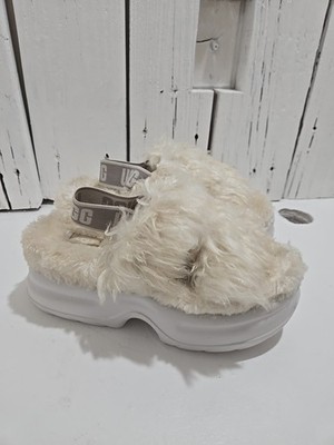 UGG WHITE FLUFF SUGAR FAUX FUR SLIPPER SLIDE SANDALS, WOMEN Size 7 Box38