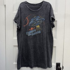 UFO Space Graphic T-Shirt Dress Acid Wash Women’s Large Black Explore The Galaxy