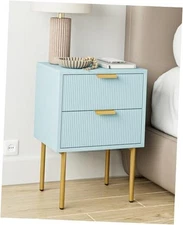 Nightstand,Morden Bedside Table with Gold Frame,Small White Night Blue 2Drawers