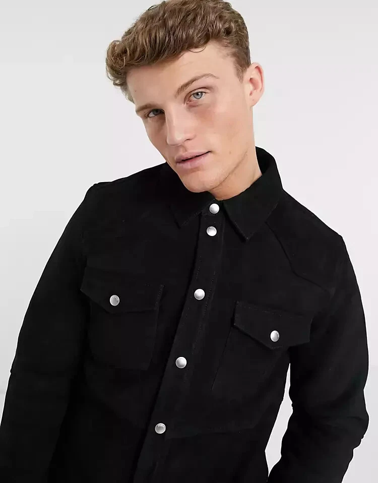Mens Black Suede Leather Trucker Jacket Pure Suede Custom Made Coat Jacket