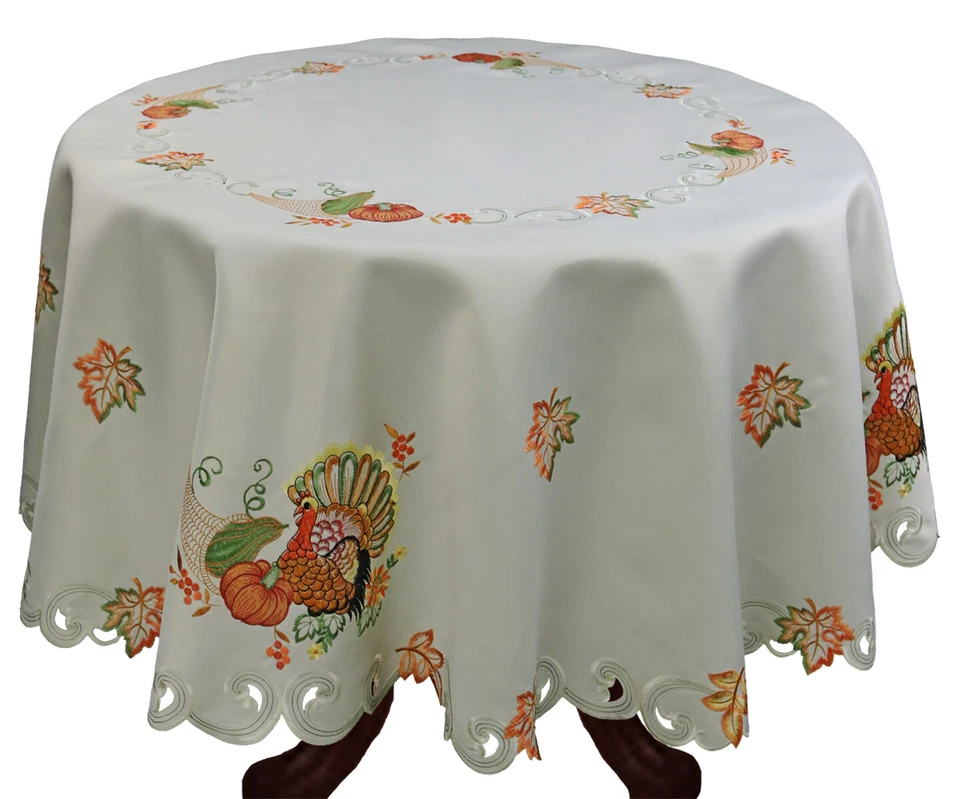 Creative Linens Fall Thanksgiving Tablecloth Napkin Harvest Pumpkin Turkey Ivory - Image 3 of 4