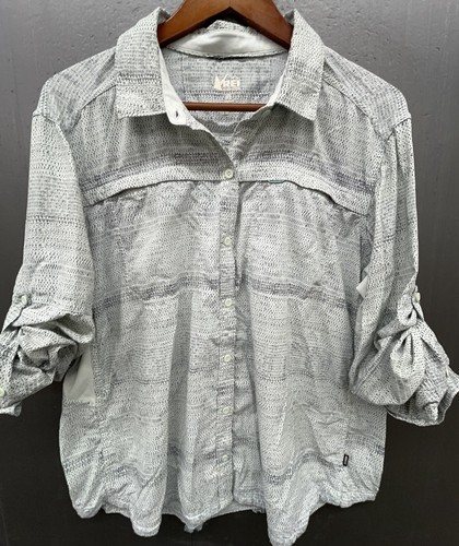 REI Co-Op Shirt Women XL Gray Blue Long Sleeve Roll Tabs Pockets Hiking Fishing - Picture 6 of 16
