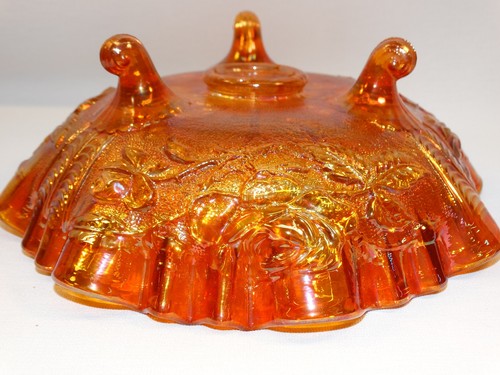 VINTAGE IMPERIAL CARNIVAL GLASS MARIGOLD LUSTRE ROSE PATTERN FOOTED RUFFLED BOWL - Picture 5 of 7