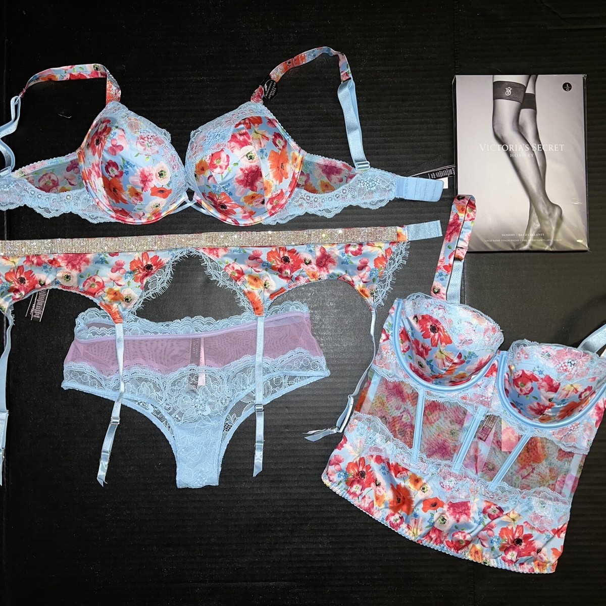 Victoria's Secret 34C BOMBSHELL BRA SET+garter+CORSET BLUE RED
