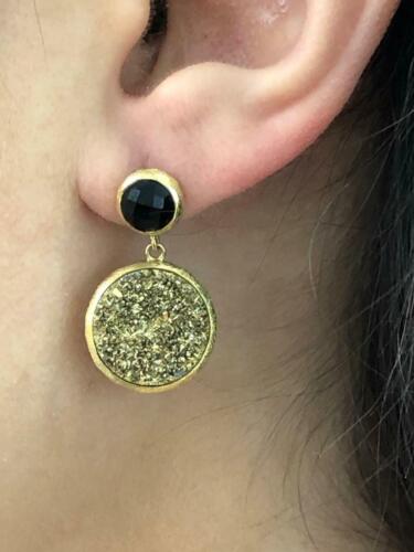Yellow Gold Sterling Silver Black Onyx & Gold Druzzy Halo Chandelier Earrings - Picture 1 of 4