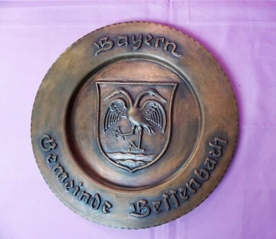 Gr. Wandteller Bessenbach Bayern massiv Kupfer + Markenstempel Handarbeit Wappen - Bild 1 von 4