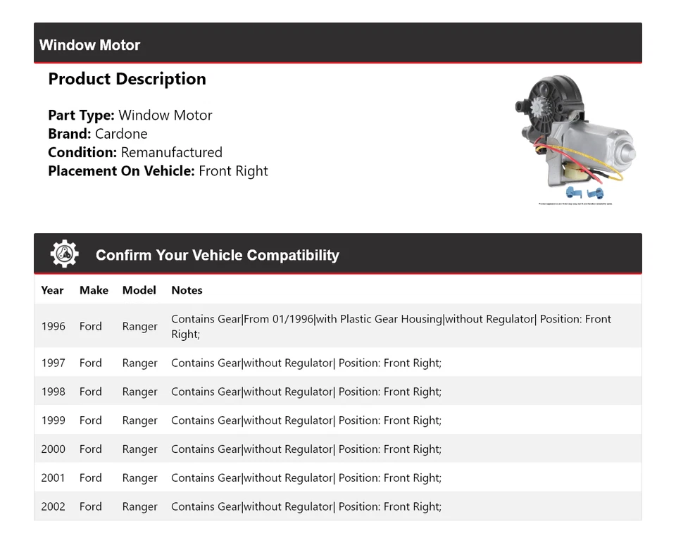 Motor ventana delantera derecha cardone para Ford Ranger 1996-2002 1997 1998 1999 2000 Foto 2 de 4