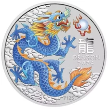 2024-1 oz Blue Year Of The Dragon Silver Color Lunar Perth BU Coin .999 🔥🔥