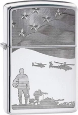 Zippo 08311 Soldiers and American Flag Engraved High Polish Chrome Lighter