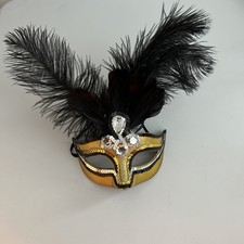 Feather Rhinestone Venetian Mardi Gras Masquerade Mask Women Gold Black