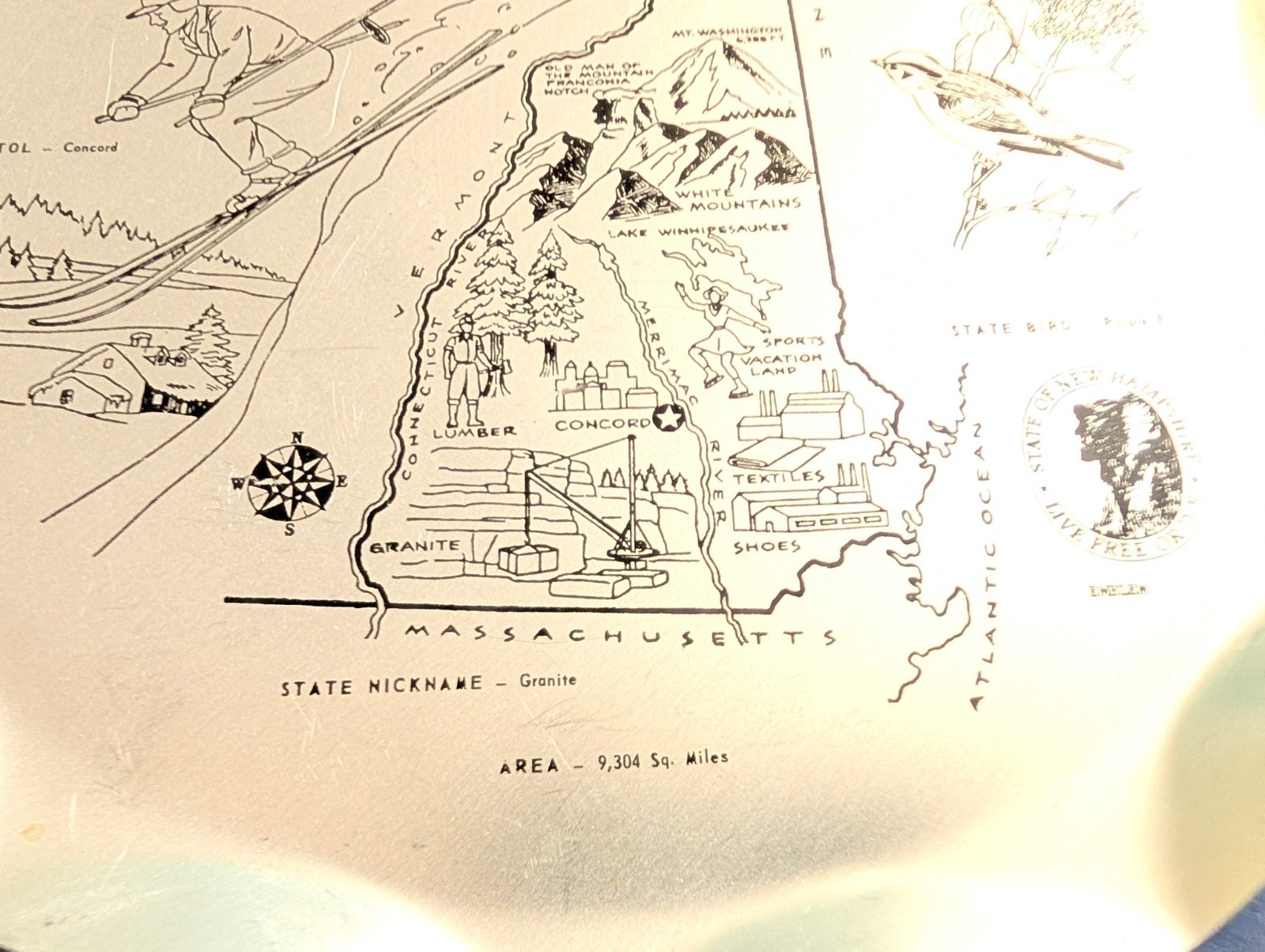 Vtg 1950s New Hampshire Souvenir Aluminum Tray  6.5 Inch Diameter Ski Mountains