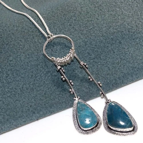 Exclusive Blue Apatite 925 Silver Plated Necklace 19" Luxury Inspired Design MJ - product listing photo
