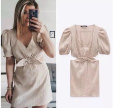 ZARA Women’s Beige Check Mini Dress Size S – Puff Sleeve V-Neck Tie Waist