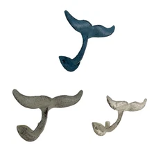 Zeckos Set of 3 Cast Iron Nautical Whale Tale Wall Hooks