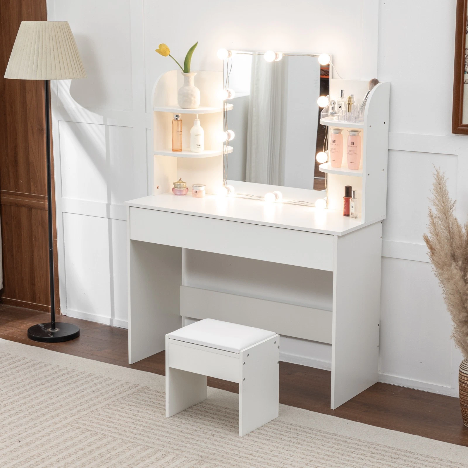 Frisierkommode Mit Hocker Weißer Schminktisch 80 Cm Mit LED Spiegel - Kosmetiktisch Mit 5 Schubladen Und Hocker Schminktisch Weiß