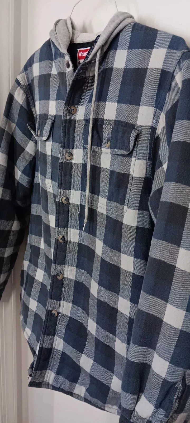 Wrangler Black Gray Plaid Hoodie Jacket L/S Button Front Pockets Mens Small