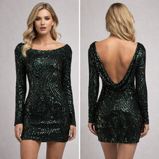 Windsor Sequin Bodycon Mini Dress Womens Large Green Cowl Back Party Cocktail