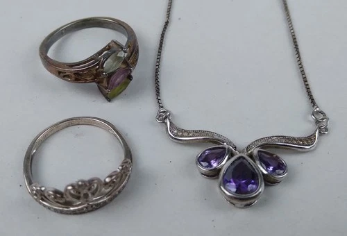 Vintage Estate Sterling Silver 925 Lot Ring Necklace Blue Topaz Amethyst Peridot