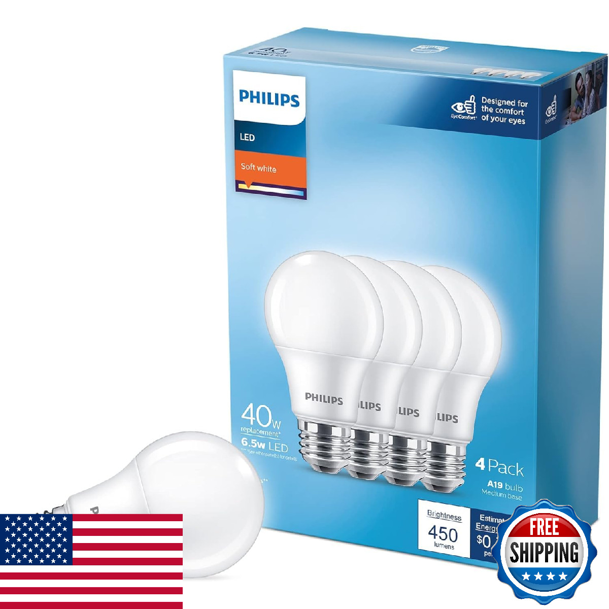 PHILIPS LED 40W A19 4-Pack Soft White (2700K) 450 Lumen Fros