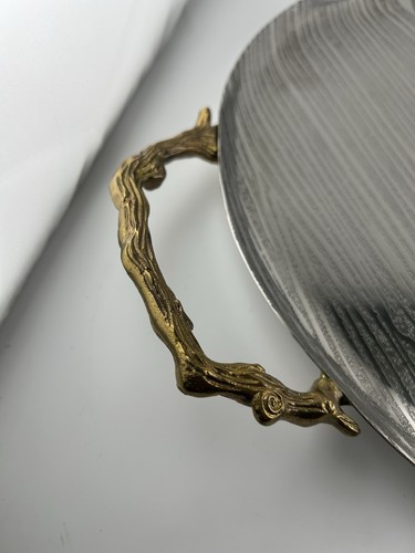 Goldinger Silver Art Wood Grain Look 14”Handled Serving Tray Gold Branch Handles - Picture 4 of 6
