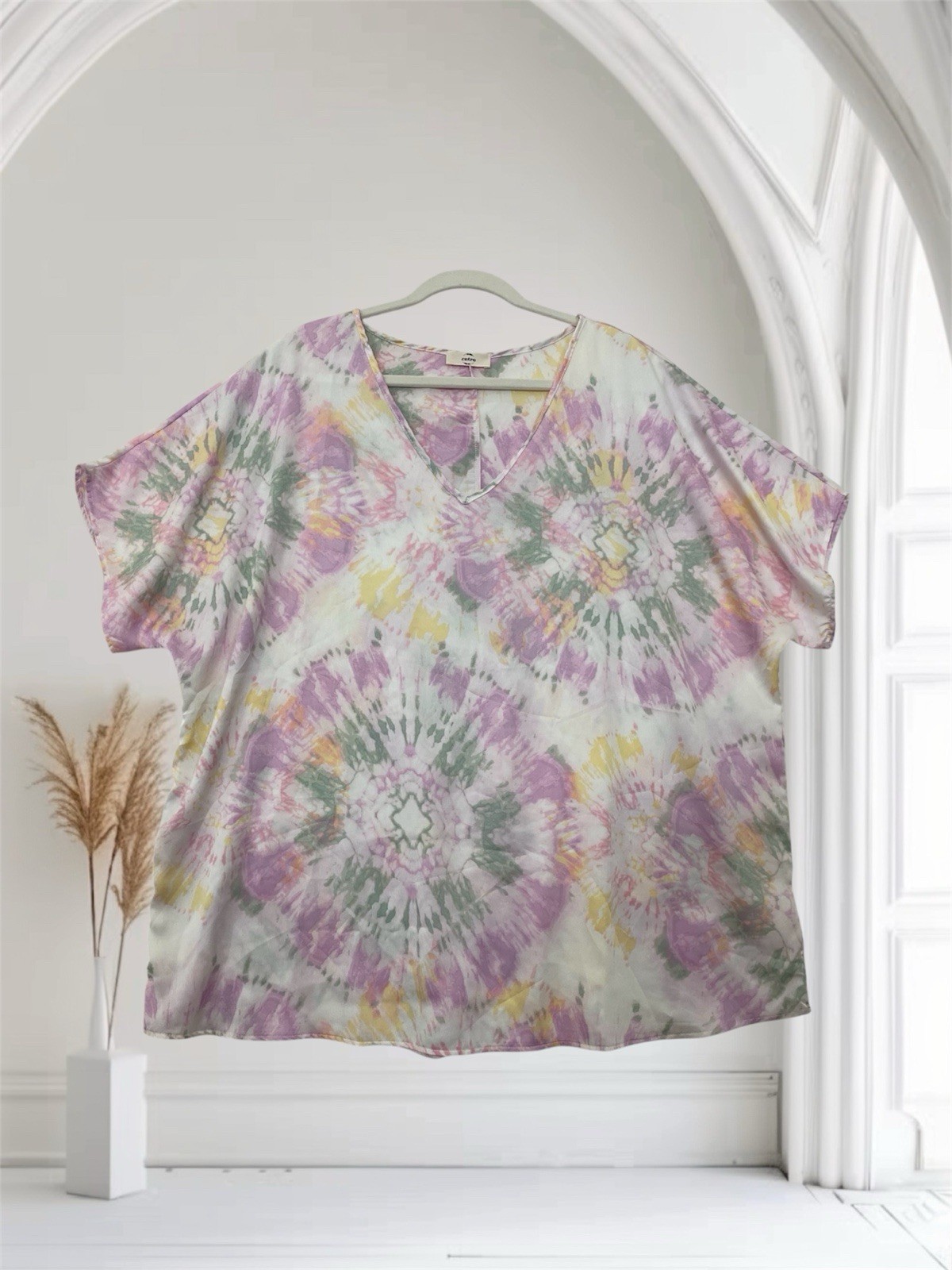 Entro Womens Satin Tie Dye V Neck Tunic Top Size XL Relaxed Summer Boho Chic