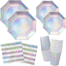 Iridescent Party Supplies - Disposable Paper Plates, Cups and Napkins, Ideal for