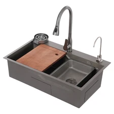Built-in Kitchen Sink Multifunctional Sink With Pull Out Faucet Stainless Steel